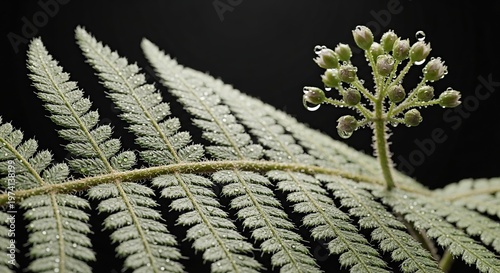 Close-up of a fern with a small plant, dark background.