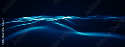 Futuristic 3D rendering of glowing blue particle waves representing artificial intelligence, big data flow, and neural networks. Professional high tech background for cyber security.