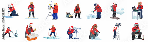 A collection of polar scientists and researchers conducting various scientific experiments and data collection tasks in an arctic or antarctic environment.