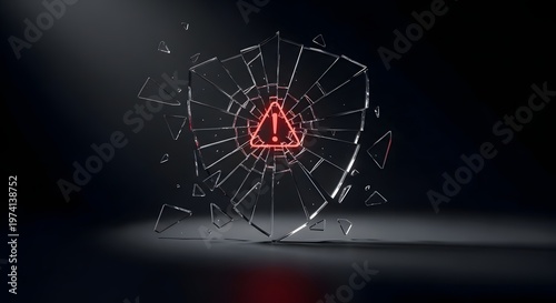 Shattered shield with a glowing red exclamation mark inside a triangle signifies a critical security breach or warning.