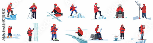 Flat vector set of arctic explorers and scientists in red parkas conducting various research activities on ice and snow in polar regions.