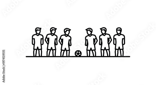 Simple line drawing of seven figures and a soccer ball
