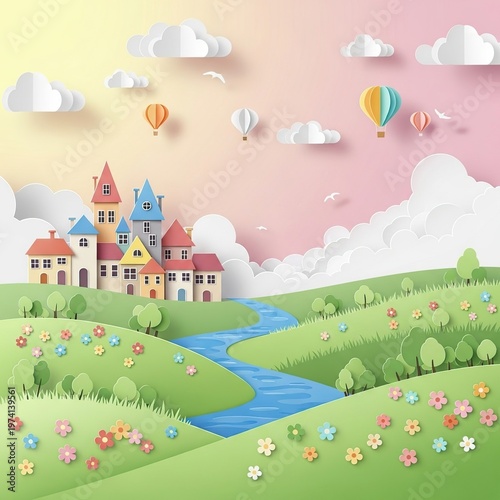 Colorful Paper Cutout Landscape with Castle and Balloons.