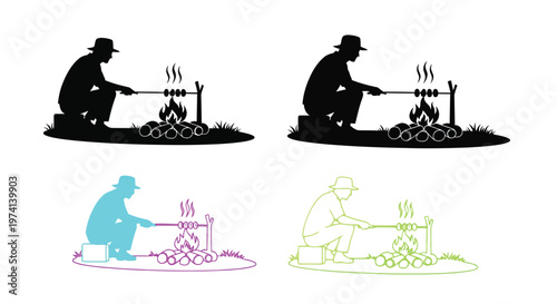 Silhouette of a person cooking on a campfire shown in multiple colors