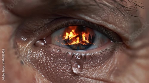 Close-up of human eye reflecting burning city skyline at night with dramatic lighting