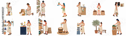 Diverse collection of flat vector illustrations showing a woman practicing a sustainable, zero-waste lifestyle while grocery shopping with reusable containers and bags.