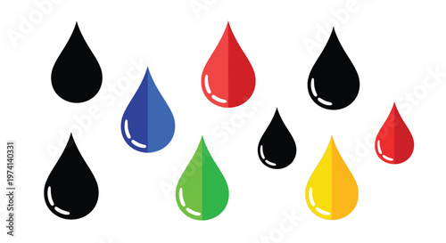 Colorful water droplets arranged in a scattered minimalist composition