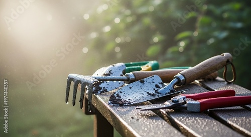 Garden tools on a wooden table in the sunlight.