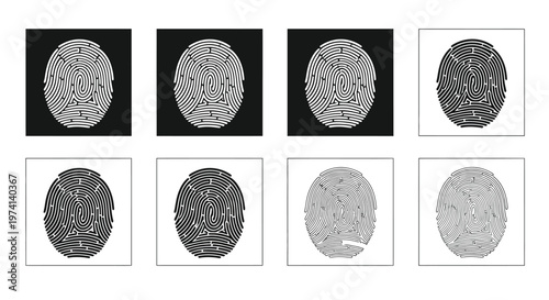 Variations of fingerprint patterns displayed in monochrome square frames