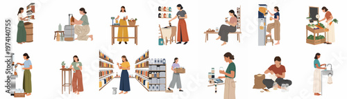 Collection of illustrations depicting people shopping at a zero-waste bulk store, refilling reusable containers with food and liquids for sustainable living.