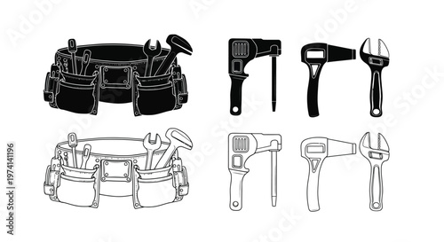 Black and white illustration of tool belt and various hand tools