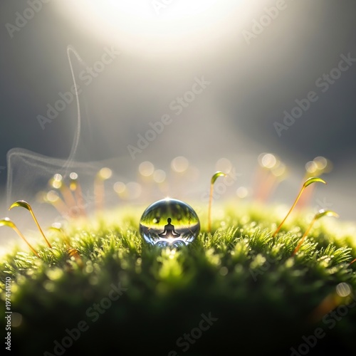 Tiny world reflected in a water droplet on vibrant green moss.