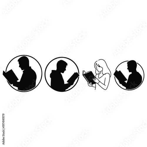Silhouette People Reading Books Set – Minimal Black and White Reader Icons