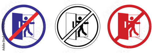 Prohibition symbol with human figure near an open doorway, representing restricted access or privacy, no entry warning, security regulation, controlled area, protection policy