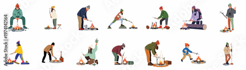 Collection of various flat illustrations showing people in winter gear roasting marshmallows over campfires, isolated on a white background.