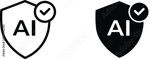 AI safety shield icons set, artificial intelligence protection symbols with checkmark, secure technology verification badges in black and white