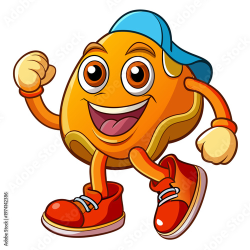 A cartoon taco character wearing a blue cap and red sneakers, , smiling and running with a fist raised in excitement and joy