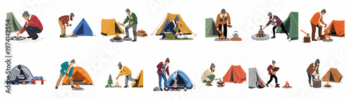 A collection of flat illustrations showing people camping outdoors with tents and campfires, engaged in various activities like lighting fires and carrying wood.