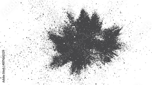 Dark grey maple leaf shape exploding into dust