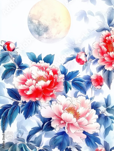 Chinese Painting of Peonies and Moon