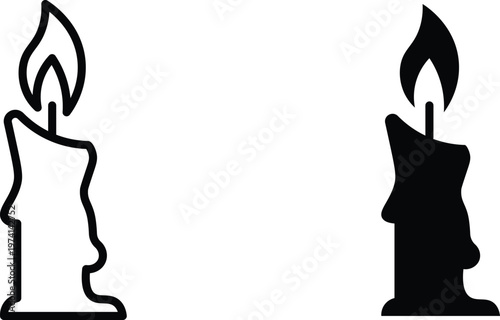 Minimalist burning candle vector icons, black and white wax candle with flame silhouette, simple decorative candle light symbols for web design
