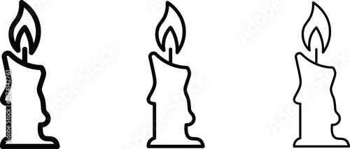 Minimalist burning candle icons set, black outline wax candle with flame vector, simple linear candle illustration for memorial or celebration