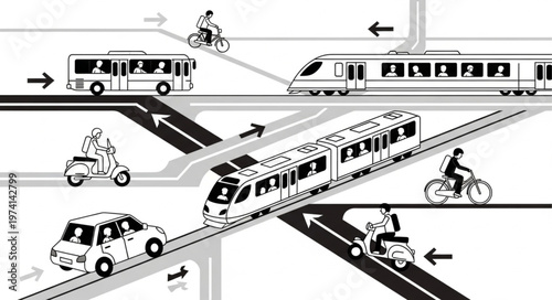Diverse transportation modes converging in a complex urban network.