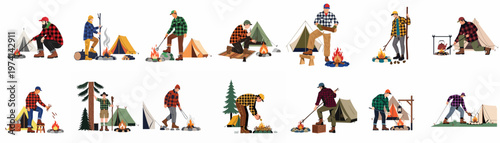 Set of flat vector illustrations of men in plaid shirts camping, building bonfires, and tending to tents in the great outdoors.