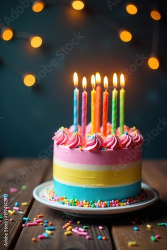 A Festive Multicolored Layered Cake with Lit Candles on a Rustic Wooden Table