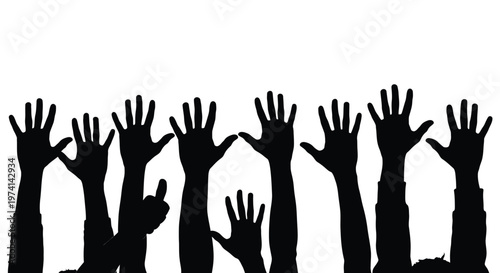 Vector graphic illustration of multiple silhouetted hands raised, symbolizing participation, support, agreement, and community.