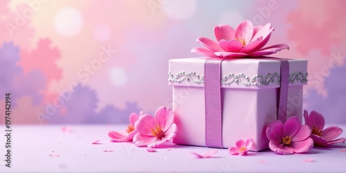 A delicately adorned pink gift box, tied with a ribbon and embellished with floral accents, rests on a pastel surface, surrounded by scattered petals, creating a charming and festive scene.