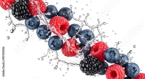 Mixed fresh berries, such as blueberries, raspberries, and blackberries, are captured mid-air with water splashes on a clean white backdrop.