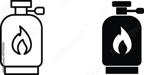 Gas cylinder icons in outline and silhouette styles, propane tank vector symbols with flame logo, industrial fuel container graphics for energy