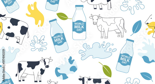 Happy World Milk Day celebrated with cute cows, milk bottles, and splashes illustration