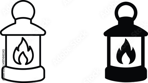 Vintage camping lantern icons, black and white oil lamp vector set, traditional gas lantern with flame, outdoor adventure lighting equipment