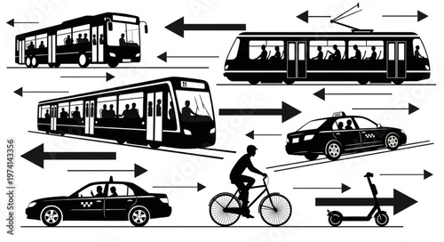 Diverse urban transportation modes illustrated with arrows indicating movement.