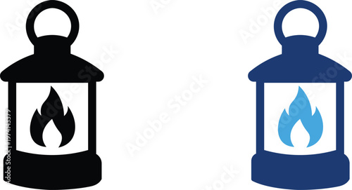 Vintage camping lantern icons with burning flame, flat vector oil lamp silhouettes in black and blue, traditional gas lantern symbols for outdoor adventure