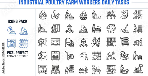 Outline vector icon set of industrial poultry farm, chicken breeding and egg production