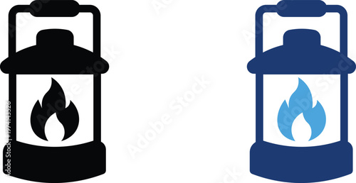 Vintage camping lantern vector icons, rustic oil lamp silhouettes with fire flame, outdoor survival equipment set in black and blue