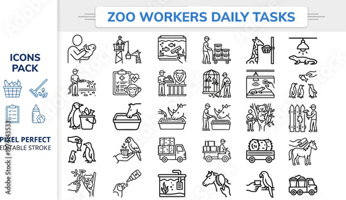 Outline vector icon set of zoo workers, animal caretakers and daily tasks