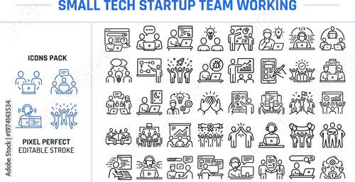 Outline vector icon set of agile tech startup, founders team and innovation