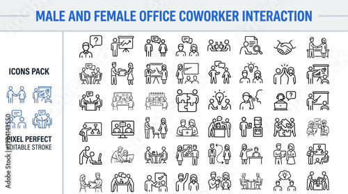 Outline vector icon set of male and female coworkers interaction and workplace diversity