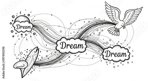 Dream Journey Abstract Art with Bird and Cloud Symbols.