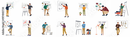 Collection of flat illustrations showing business people brainstorming, planning, and presenting on whiteboards and flipcharts in a professional setting.