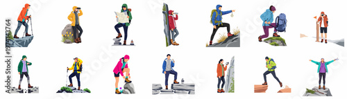 Large set of diverse hikers and mountaineers performing various outdoor adventure activities, flat vector illustrations isolated on white background.
