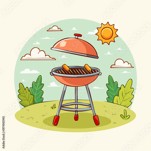 Colorful cartoon illustration of outdoor barbecue grill with sausages 