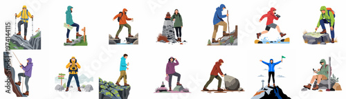 Flat vector illustrations set of diverse people engaged in outdoor activities like hiking, mountain climbing, trekking, and navigating through various wild landscapes.