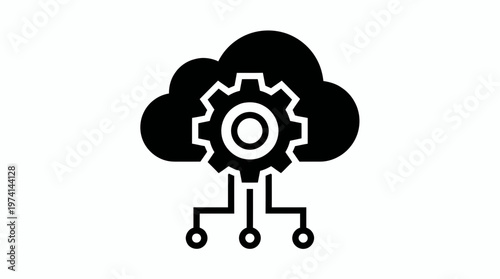 Black cloud computing icon with mechanical gear and network circuit lines on white background, representing cloud automation technology and digital infrastructure management