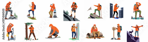 Set of diverse hikers in orange jackets engaged in mountain trekking, navigating, and resting, depicted in a flat vector illustration style.