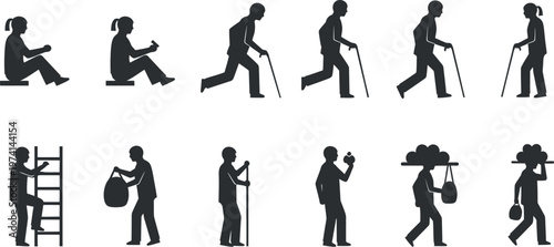 A set of silhouettes showing people performing various physical activities